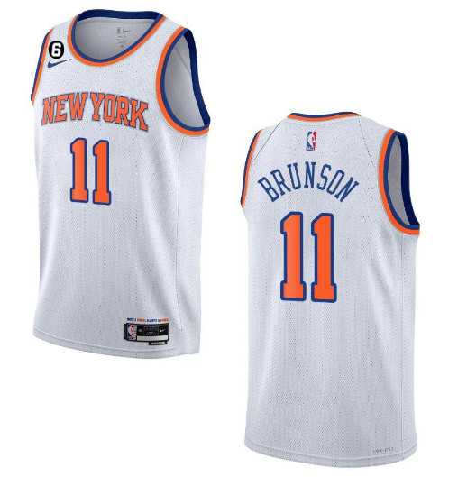 Mens New Yok Knicks #11 Jalen Brunson White With NO.6 Patch Stitched Basketball Jersey Dzhi